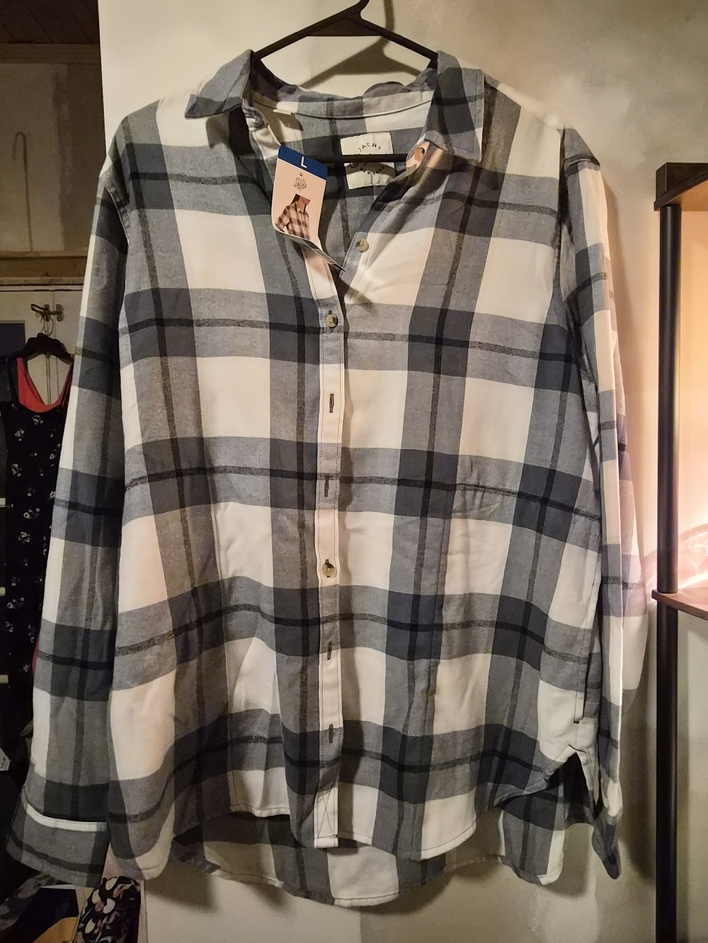 NWT JACHS Girlfriend Gray Black White Plaid Flannel Shirt L